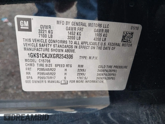 2016 GMC Yukon Denali with VIN 1GKS1CKJXGR254306, listed as a IAAI auction lot 39953539 with 164,149 mi miles. Bid and sale history available at carsss.com. Image 9.