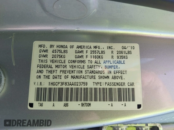 2010 Honda Accord Sdn EX-L with VIN 1HGCP3F83AA023759, listed as a IAAI auction lot 42068742 with 125,305 mi miles. Bid and sale history available at carsss.com. Image 9.