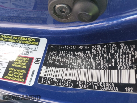 2014 Toyota Corolla L with VIN 2T1BURHE0EC019503, listed as a IAAI auction lot 42065564 with 100,026 mi miles and . Bid and sale history available at DreamBid. Image 9.