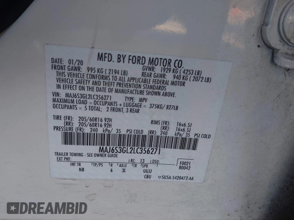 2020 Ford EcoSport SE z VIN MAJ6S3GL2LC356271, wystawiony jako IAAI lot #41856631 z przebiegiem 46 247 mil mil oraz . Historia ofert i sprzedaży dostępna na DreamBid. Obrazek 9.