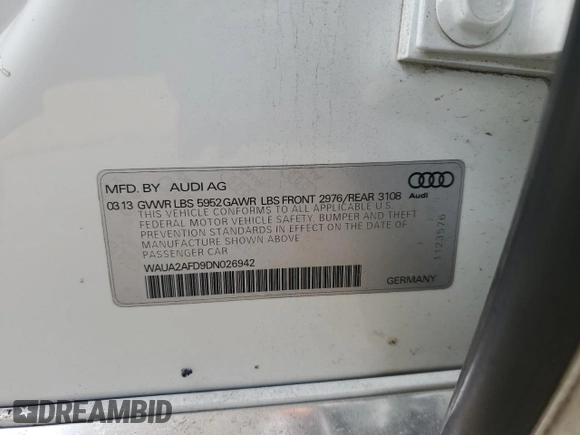 2013 Audi A8 4.0L with VIN WAUA2AFD9DN026942, listed as a Copart auction lot 60319565 with 122,341 mi miles and Salvage title. Bid and sale history available at DreamBid. Image 12.