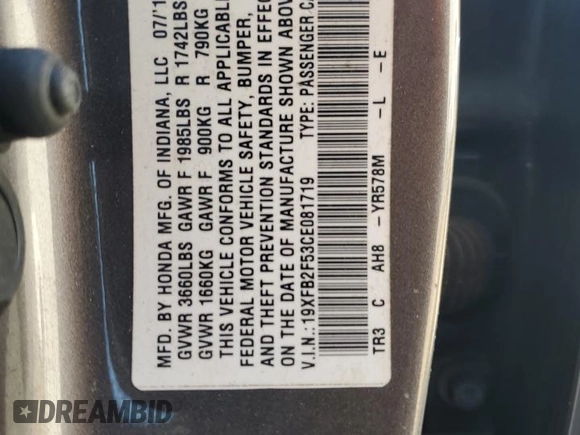 2012 Honda Civic LX with VIN 19XFB2F53CE081719, listed as a Copart auction lot 50922075 with Not Provided miles and Salvage Title. Bid and sale history available at DreamBid. Image 12.