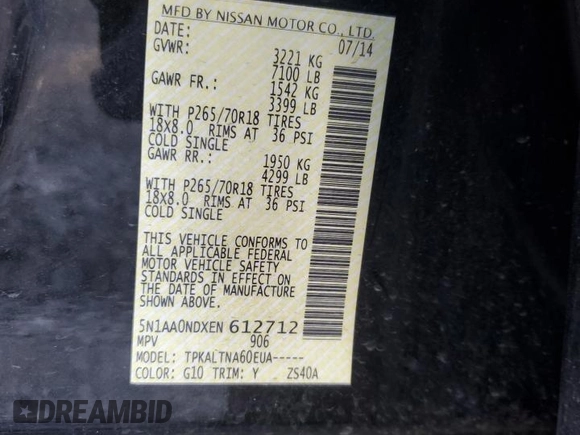 2014 Nissan Armada Platinum z VIN 5N1AA0NDXEN612712, wystawiony jako Copart lot #86652794 z przebiegiem 78 374 mil mil oraz Szkoda całkowita • Salvage title. Historia ofert i sprzedaży dostępna na DreamBid. Obrazek 12.