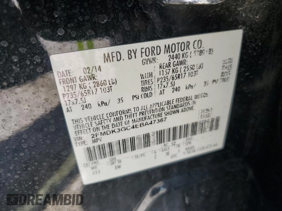 2014 Ford Edge SE с VIN 2FMDK3GC4EBA47367, выставлен на аукционе Copart как лот 61680665 с пробегом Не указан миль и Списание • Salvage title. История ставок и продаж доступна на DreamBid. Изображение 13.