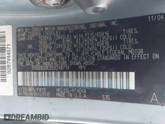 2005 Toyota Sienna CE with VIN 5TDZA23C25S248714, listed as a IAAI auction lot 42221277 with 318,125 mi miles and . Bid and sale history available at DreamBid. Image 9.