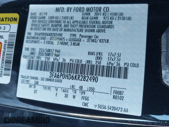 2019 Ford Fusion SE with VIN 3FA6P0HD6KR282490, listed as a IAAI auction lot 41379092 with 46,069 mi miles. Bid and sale history available at carsss.com. Image 9.