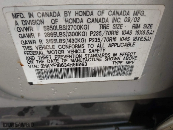 2004 Honda Pilot EX with VIN 2HKYF18634H515163, listed as a IAAI auction lot 40786017 with 206,036 mi miles. Bid and sale history available at carsss.com. Image 9.