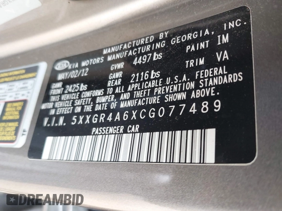 2012 Kia Optima SX with VIN 5XXGR4A6XCG077489, listed as a IAAI auction lot 42158726 with 158,229 mi miles and . Bid and sale history available at carsss.com. Image 9.