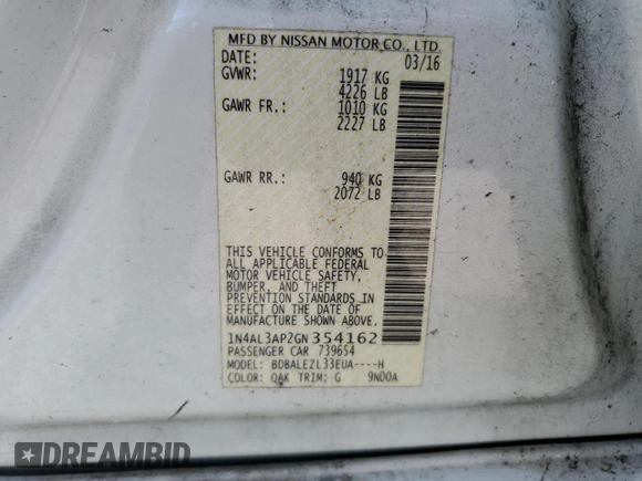 2016 Nissan Altima S z VIN 1N4AL3AP2GN354162, wystawiony jako Copart lot #59938065 z przebiegiem 119 794 mil mil oraz Szkoda całkowita • Salvage title. Historia ofert i sprzedaży dostępna na DreamBid. Obrazek 12.