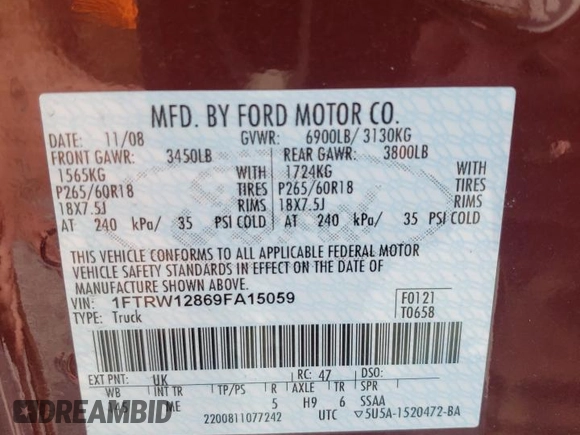 2009 Ford F-150 XL with VIN 1FTRW12869FA15059, listed as a Copart auction lot 48548675 with 90,153 mi miles and Non Repairable. Bid and sale history available at carsss.com. Image 12.
