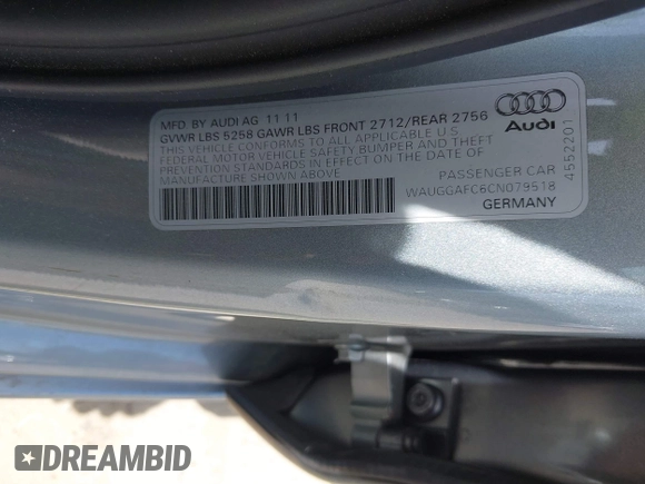 2012 Audi A6 Premium Plus with VIN WAUGGAFC6CN079518, listed as a IAAI auction lot 42143562 with 102,047 mi miles and . Bid and sale history available at DreamBid. Image 9.