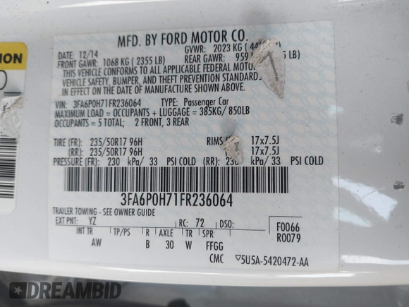 2015 Ford Fusion SE with VIN 3FA6P0H71FR236064, listed as a IAAI auction lot 40731737 with 220,120 mi miles and . Bid and sale history available at carsss.com. Image 9.