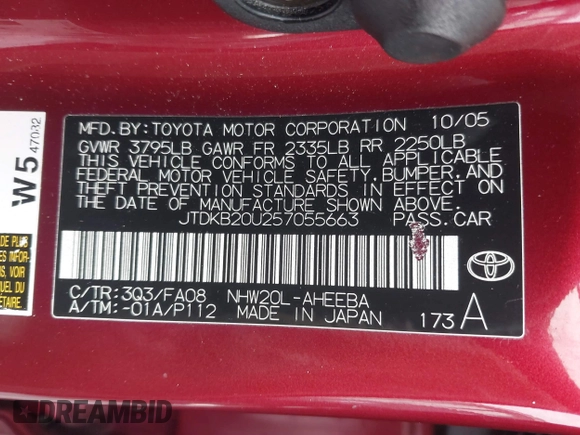 2005 Toyota Prius z VIN JTDKB20U257055663, wystawiony jako IAAI lot #41580381 z przebiegiem 123 032 mil mil oraz . Historia ofert i sprzedaży dostępna na DreamBid. Obrazek 9.