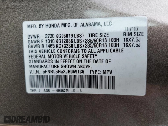 2018 Honda Odyssey EX with VIN 5FNRL6H5XJB069136, listed as a Copart auction lot 51873105 with 43,205 mi miles and Salvage title. Bid and sale history available at DreamBid. Image 13.