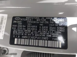 2023 Hyundai Kona SE with VIN KM8K2CAB2PU013965, listed as a IAAI auction lot 41572552 with 39,557 mi miles. Bid and sale history available at carsss.com. Image 9.