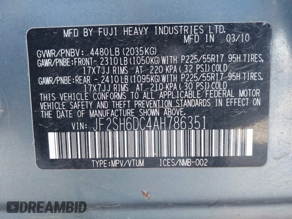 2010 Subaru Forester X Limited с VIN JF2SH6DC4AH786351, выставлен на аукционе IAAI как лот 42041464 с пробегом 271 382 миль миль и . История ставок и продаж доступна на DreamBid. Изображение 9.
