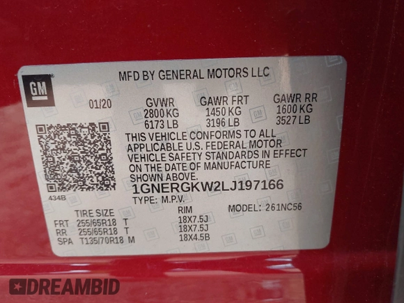 2020 Chevrolet Traverse LT Cloth with VIN 1GNERGKW2LJ197166, listed as a IAAI auction lot 41789888 with 91,627 mi miles. Bid and sale history available at carsss.com. Image 9.
