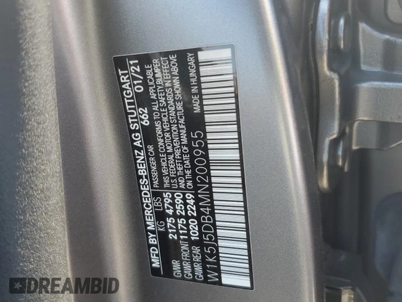 2021 Mercedes-Benz CLA 45 AMG with VIN W1K5J5DB4MN200955, listed as a Copart auction lot 57955104 with 44,136 mi miles and Salvage Title. Bid and sale history available at DreamBid. Image 12.