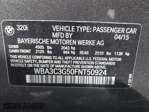 2015 BMW 3 Series 320i xDrive с VIN WBA3C3G50FNT50924, выставлен на аукционе IAAI как лот 42084473 с пробегом Не указан миль и . История ставок и продаж доступна на DreamBid. Изображение 9.