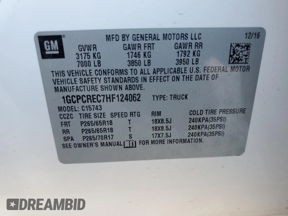 2017 Chevrolet Silverado 1500 LT with VIN 1GCPCREC7HF124062, listed as a Copart auction lot 81940204 with 105,516 mi miles and Salvage Title. Bid and sale history available at DreamBid. Image 14.