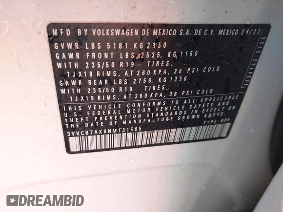 2022 Volkswagen Tiguan SE R-Line Black z VIN 3VVCB7AX8NM131565, wystawiony jako IAAI lot #40769279 z przebiegiem 26 000 mil mil oraz . Historia ofert i sprzedaży dostępna na DreamBid. Obrazek 9.