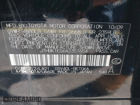 2010 Lexus ES with VIN JTHBK1EG6A2357654, listed as a IAAI auction lot 41697967 with 151,074 mi miles. Bid and sale history available at carsss.com. Image 9.