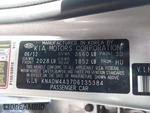 2013 Kia Rio LX with VIN KNADM4A37D6135384, listed as a IAAI auction lot 41740058 with 166,866 mi miles. Bid and sale history available at carsss.com. Image 9.