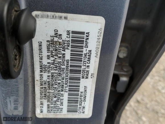 2003 Toyota Matrix Std with VIN 2T1LR32EX3C098445, listed as a Copart auction lot 52904355 with 299,999 mi miles and Clean Title. Bid and sale history available at carsss.com. Image 12.