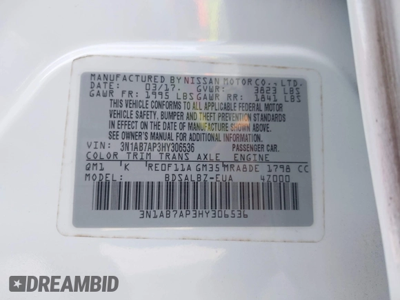 2017 Nissan Sentra S with VIN 3N1AB7AP3HY306536, listed as a IAAI auction lot 42041704 with 107,749 mi miles and . Bid and sale history available at DreamBid. Image 9.