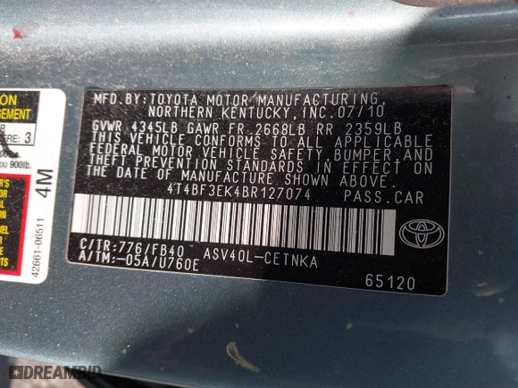 2011 Toyota Camry LE with VIN 4T4BF3EK4BR127074, listed as a IAAI auction lot 41816896 with 215,675 mi miles. Bid and sale history available at carsss.com. Image 9.