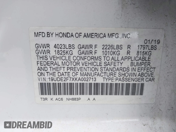 2019 Acura ILX w/Premium Pkg with VIN 19UDE2F7XKA002713, listed as a IAAI auction lot 41666039 with 73,332 mi miles. Bid and sale history available at carsss.com. Image 9.