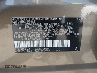 2012 Toyota RAV4 Limited с VIN 2T3DF4DV3CW212095, выставлен на аукционе IAAI как лот 42170300 с пробегом 108 713 миль миль и . История ставок и продаж доступна на DreamBid. Изображение 9.