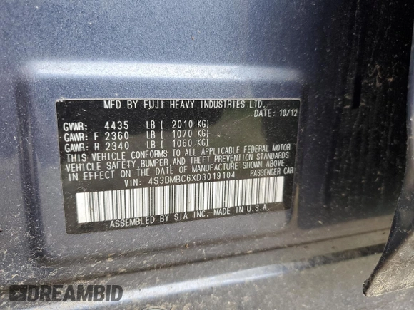 2013 Subaru Legacy Premium with VIN 4S3BMBC6XD3019104, listed as a Copart auction lot 64222845 with Not provided miles and Clean title. Bid and sale history available at DreamBid. Image 12.