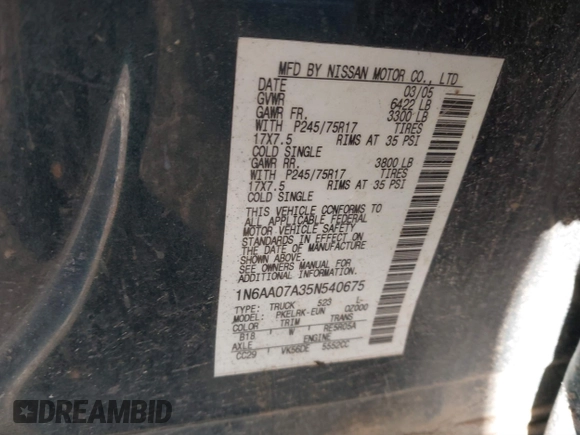 2005 Nissan Titan SE with VIN 1N6AA07A35N540675, listed as a IAAI auction lot 41263861 with 217,785 mi miles and . Bid and sale history available at DreamBid. Image 9.