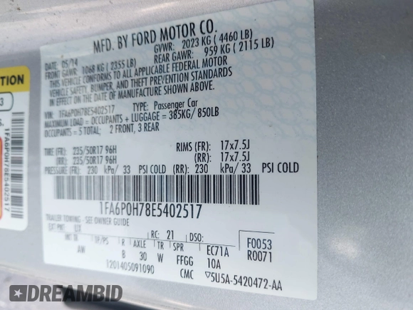 2014 Ford Fusion SE with VIN 1FA6P0H78E5402517, listed as a IAAI auction lot 42025986 with 38,556 mi miles. Bid and sale history available at carsss.com. Image 9.