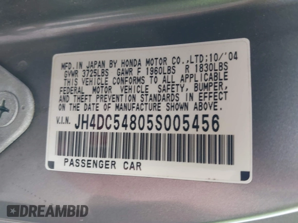 2005 Acura RSX z VIN JH4DC54805S005456, wystawiony jako IAAI lot #42347245 z przebiegiem 300 177 mil mil oraz . Historia ofert i sprzedaży dostępna na DreamBid. Obrazek 9.