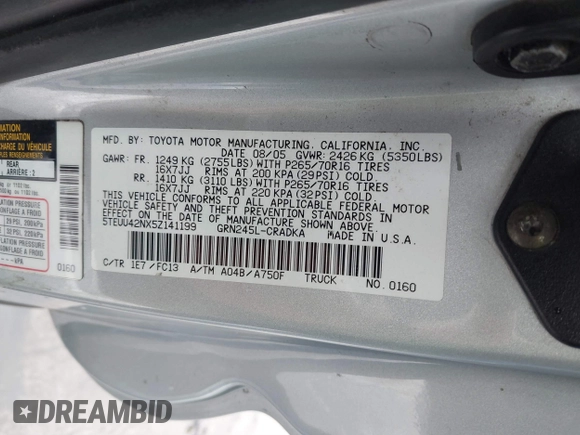 2005 Toyota Tacoma with VIN 5TEUU42NX5Z141199, listed as a IAAI auction lot 41569320 with 221,353 mi miles and . Bid and sale history available at DreamBid. Image 9.