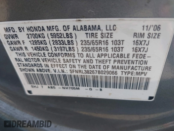 2007 Honda Odyssey LX with VIN 5FNRL38267B029066, listed as a IAAI auction lot 42502433 with 185,721 mi miles and . Bid and sale history available at DreamBid. Image 9.