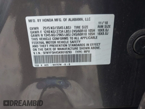 2019 Honda Pilot EX-L with VIN 5FNYF5H45KB018293, listed as a IAAI auction lot 42318481 with 76,617 mi miles and . Bid and sale history available at DreamBid. Image 9.