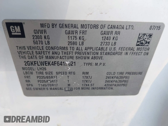 2015 GMC Terrain SLE with VIN 2GKFLWEK4F6419021, listed as a IAAI auction lot 41397979 with 161,819 mi miles and . Bid and sale history available at carsss.com. Image 9.
