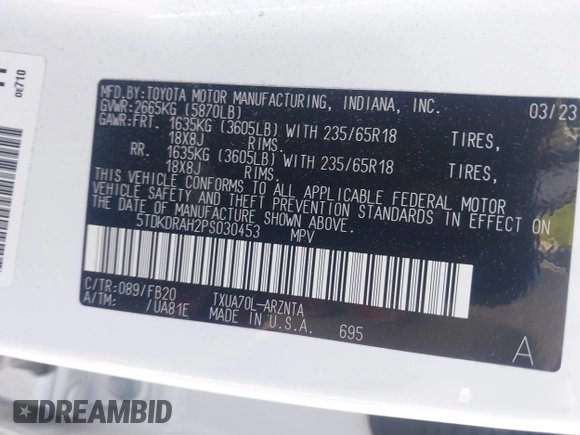 2023 Toyota Highlander L z VIN 5TDKDRAH2PS030453, wystawiony jako IAAI lot #39200860 z przebiegiem 44 691 mil mil oraz . Historia ofert i sprzedaży dostępna na DreamBid. Obrazek 9.