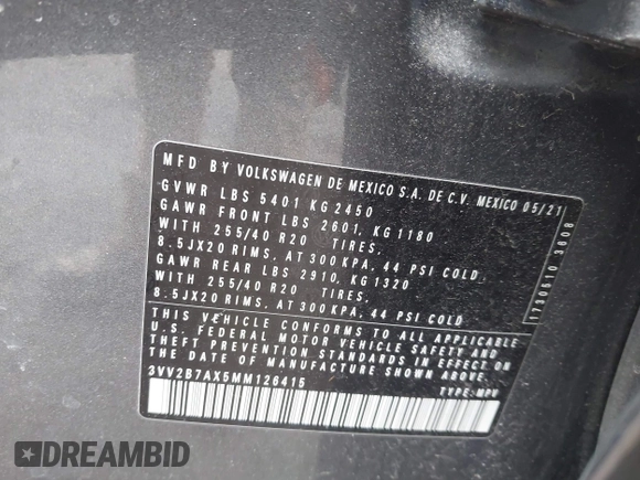 2021 Volkswagen Tiguan SE with VIN 3VV2B7AX5MM126415, listed as a IAAI auction lot 41811850 with Not Provided miles and . Bid and sale history available at DreamBid. Image 9.