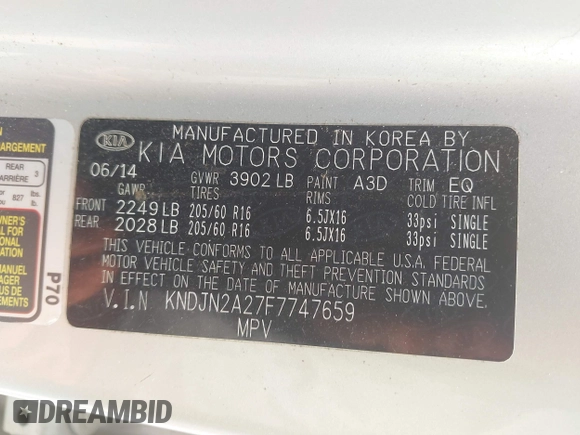 2015 Kia Soul z VIN KNDJN2A27F7747659, wystawiony jako IAAI lot #42420332 z przebiegiem 117 415 mil mil oraz . Historia ofert i sprzedaży dostępna na DreamBid. Obrazek 9.