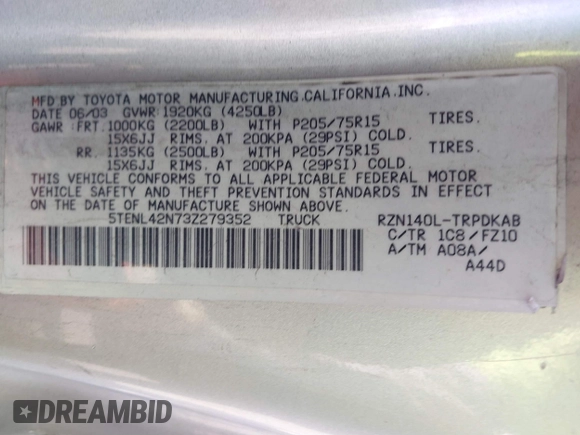 2003 Toyota Tacoma with VIN 5TENL42N73Z279352, listed as a IAAI auction lot 41626786 with 187,567 mi miles and . Bid and sale history available at DreamBid. Image 9.