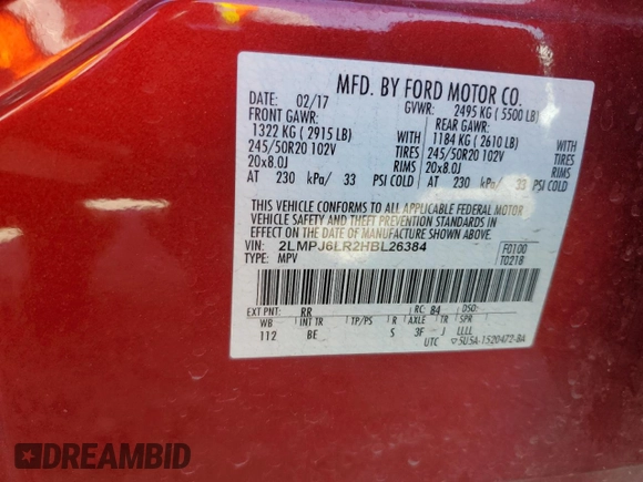 2017 Lincoln MKX Reserve with VIN 2LMPJ6LR2HBL26384, listed as a Copart auction lot 48484255 with 87,253 mi miles and Salvage Title. Bid and sale history available at carsss.com. Image 14.