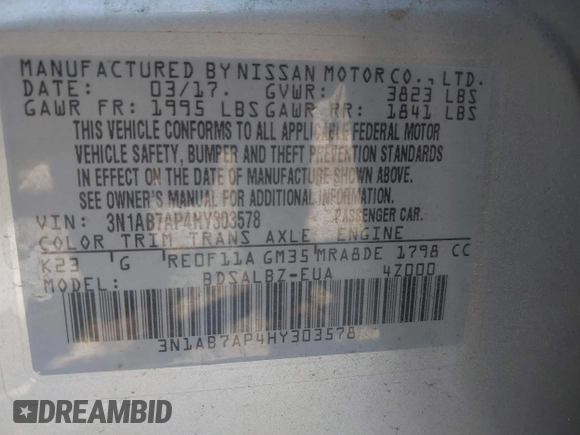 2017 Nissan Sentra SR z VIN 3N1AB7AP4HY303578, wystawiony jako IAAI lot #42151668 z przebiegiem 75 885 mil mil oraz . Historia ofert i sprzedaży dostępna na DreamBid. Obrazek 9.