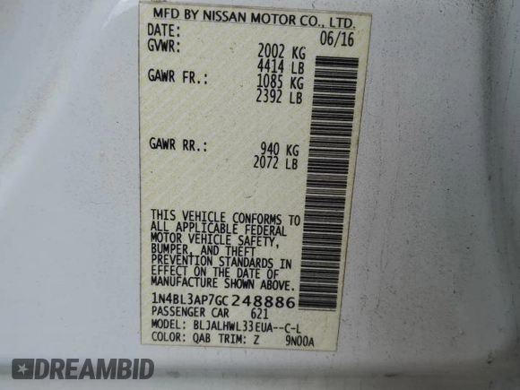 2016 Nissan Altima SL z VIN 1N4BL3AP7GC248886, wystawiony jako Copart lot #52688035 z przebiegiem 121 984 mil mil oraz Szkoda całkowita • Salvage title. Historia ofert i sprzedaży dostępna na DreamBid. Obrazek 14.
