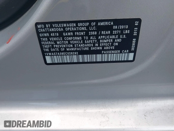 2014 Volkswagen Passat S with VIN 1VWAS7A38EC028292, listed as a IAAI auction lot 42357817 with 151,695 mi miles and . Bid and sale history available at DreamBid. Image 9.