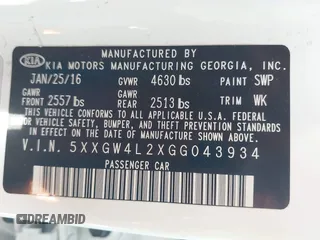 2016 Kia Optima SX Turbo with VIN 5XXGW4L2XGG043934, listed as a IAAI auction lot 40451940 with 86,386 mi miles and . Bid and sale history available at carsss.com. Image 9.