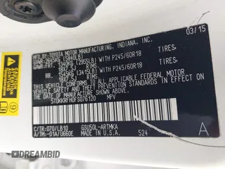 2015 Toyota Highlander XLE z VIN 5TDKKRFH0FS076120, wystawiony jako IAAI lot #42131646 z przebiegiem 117 623 mil mil oraz . Historia ofert i sprzedaży dostępna na DreamBid. Obrazek 9.